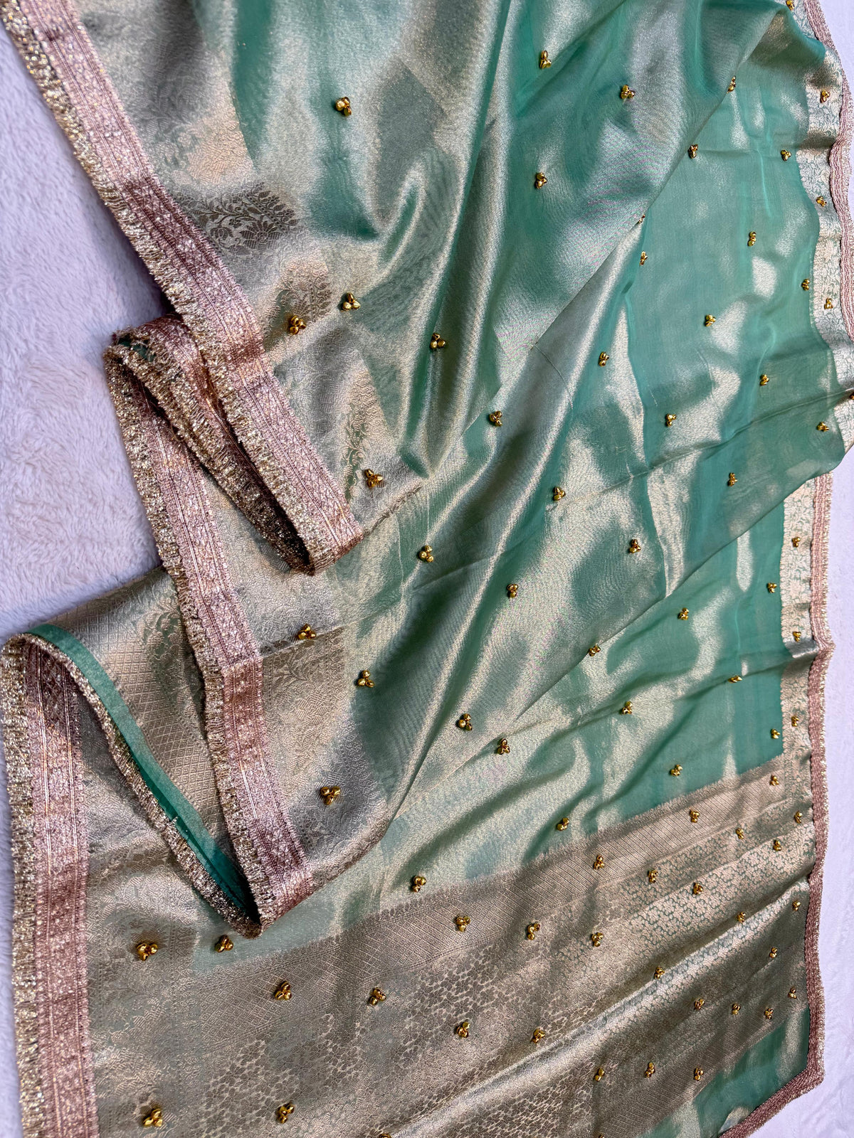 Sea Green Tissue Ghungaroo With Lace Premium Banarasi Saree