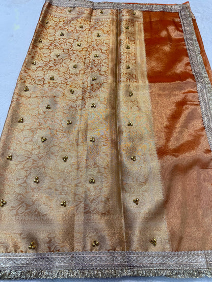 Orange Shade Tissue Ghungaroo With Lace Premium Banarasi Saree