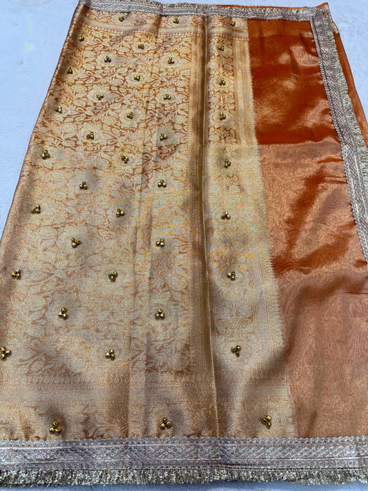 Orange Shade Tissue Ghungaroo With Lace Premium Banarasi Saree