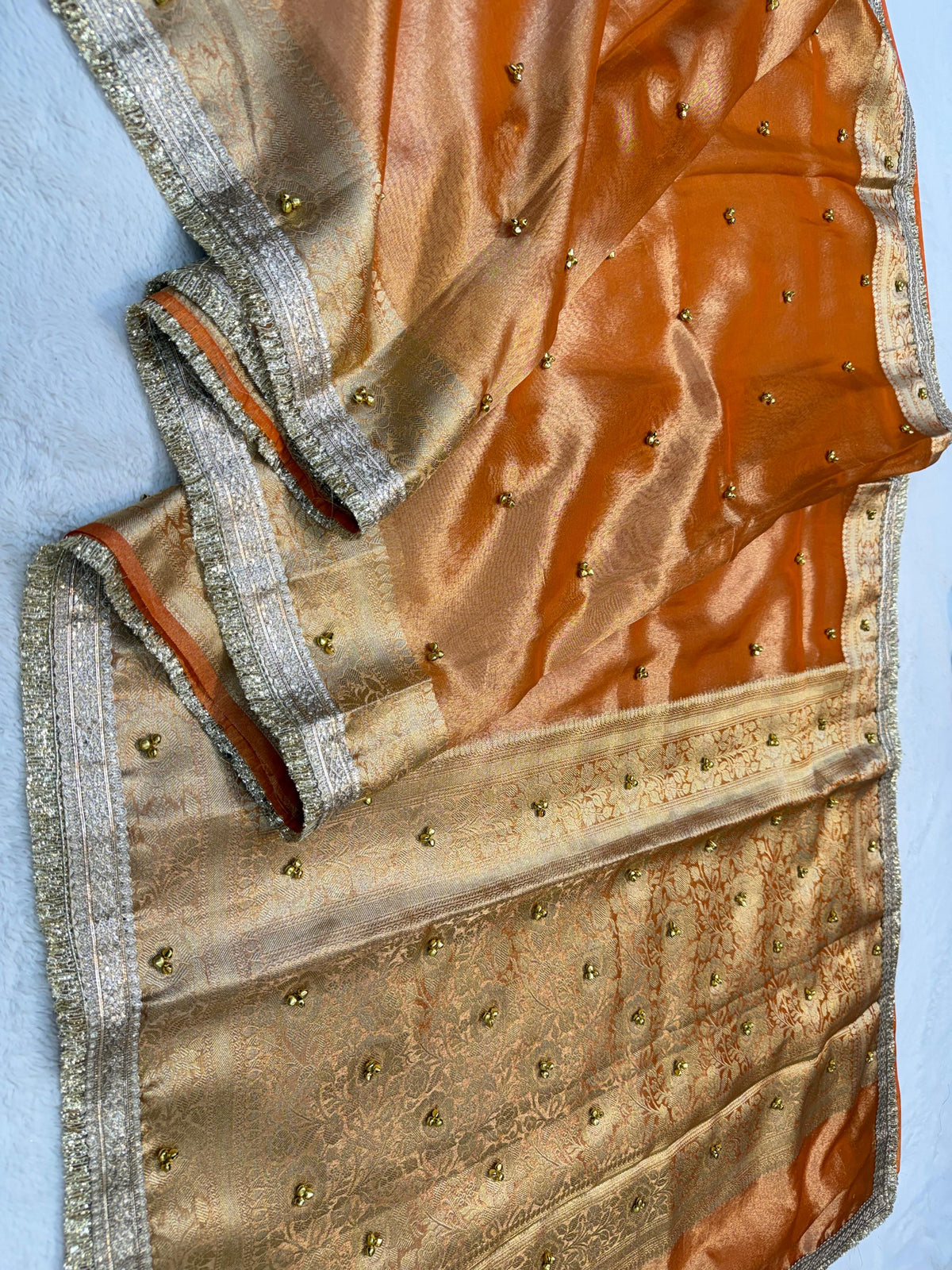 Orange Shade Tissue Ghungaroo With Lace Premium Banarasi Saree