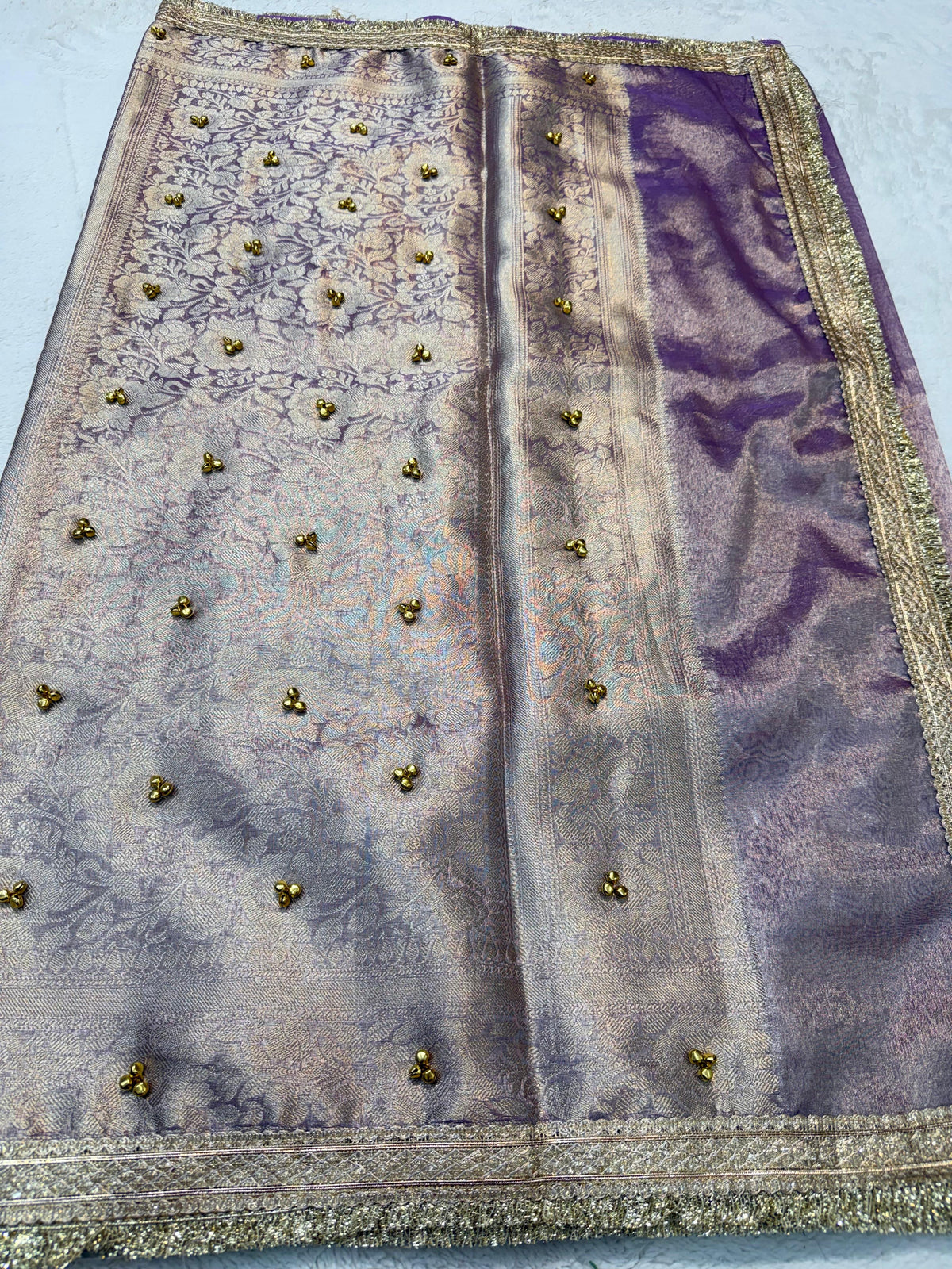 Lovender Shade  Tissue Ghungaroo With Lace Premium Banarasi Saree