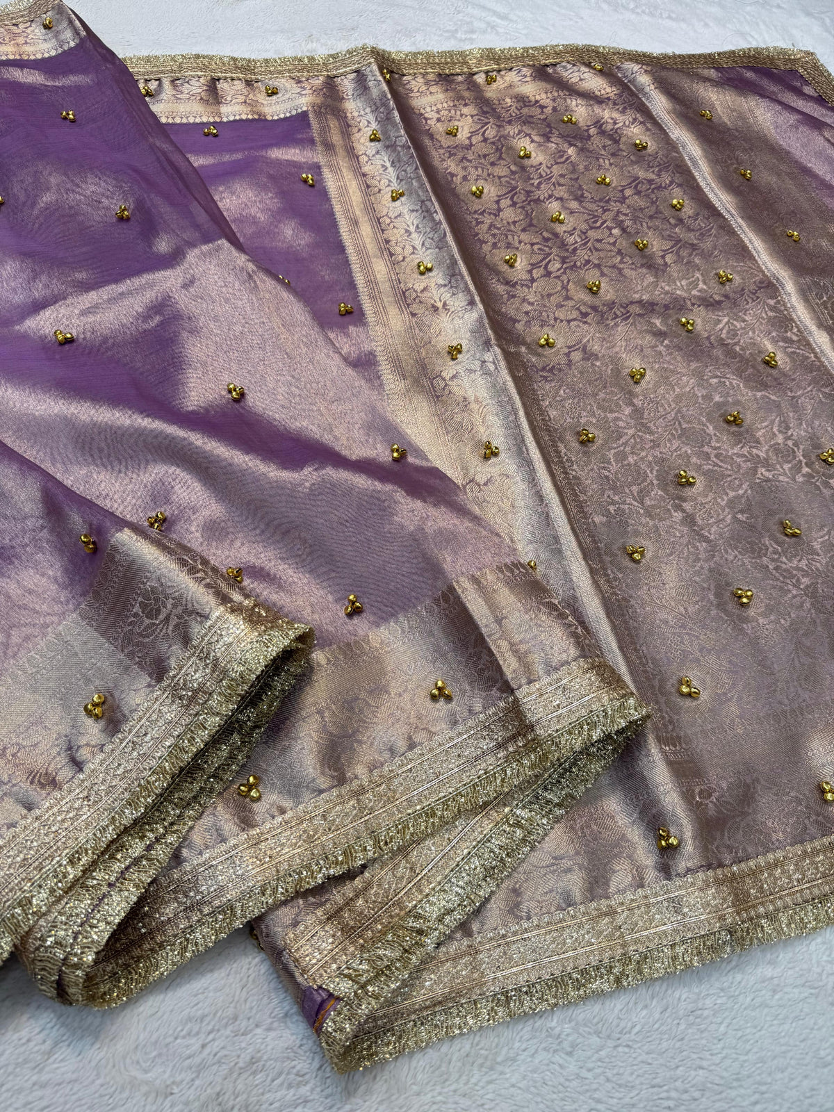 Lovender Shade  Tissue Ghungaroo With Lace Premium Banarasi Saree