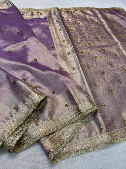 Lovender Shade  Tissue Ghungaroo With Lace Premium Banarasi Saree