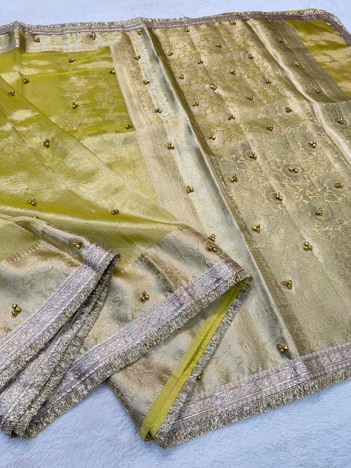 Lemon Yellow Tissue Ghungaroo With Lace Premium Banarasi Saree