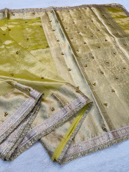 Lemon Yellow Tissue Ghungaroo With Lace Premium Banarasi Saree