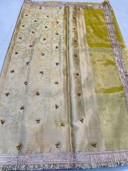 Lemon Yellow Tissue Ghungaroo With Lace Premium Banarasi Saree