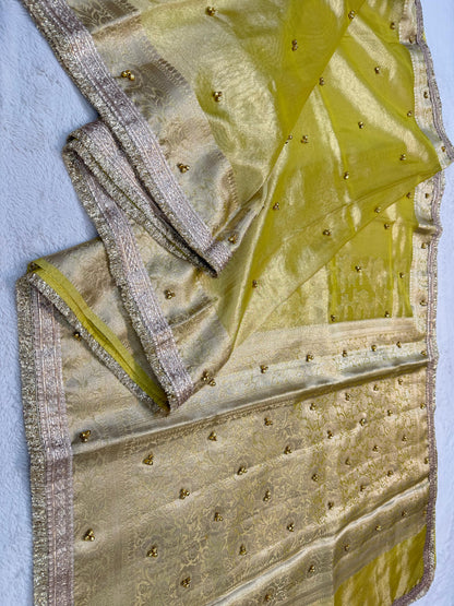 Lemon Yellow Tissue Ghungaroo With Lace Premium Banarasi Saree