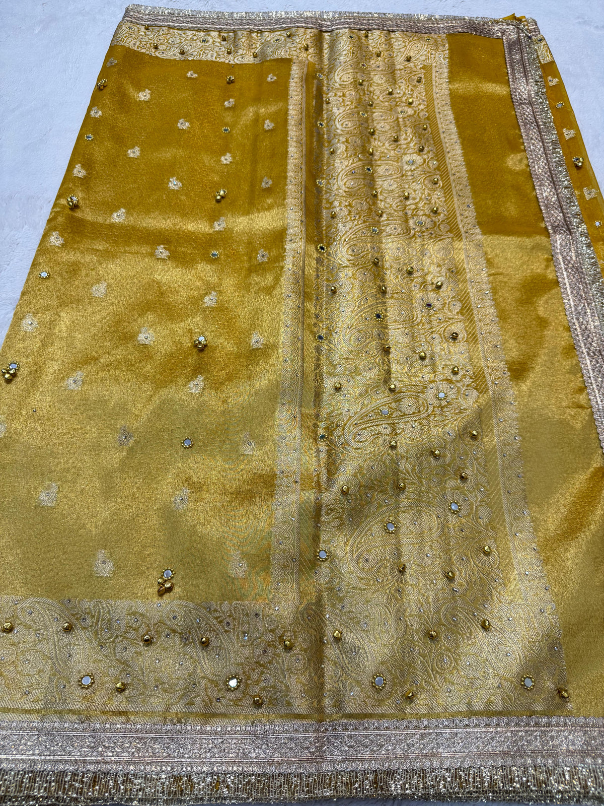Yellow Tissue Ghungaroo Mirror Handwork With Lace Premium Banarasi Saree