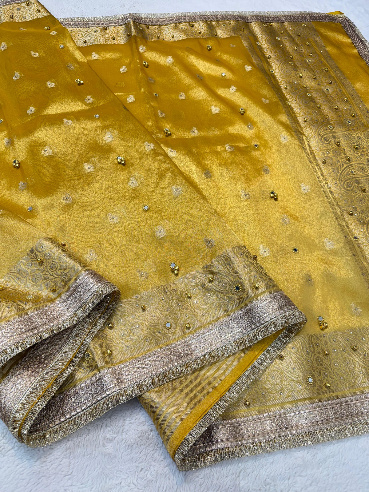 Yellow Tissue Ghungaroo Mirror Handwork With Lace Premium Banarasi Saree