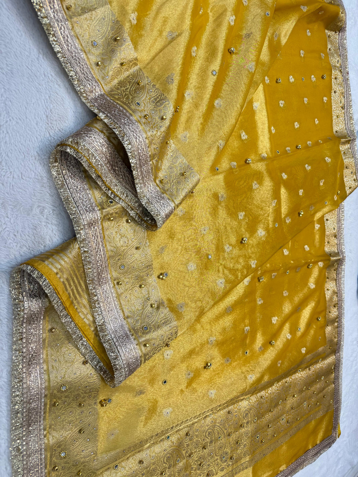 Yellow Tissue Ghungaroo Mirror Handwork With Lace Premium Banarasi Saree