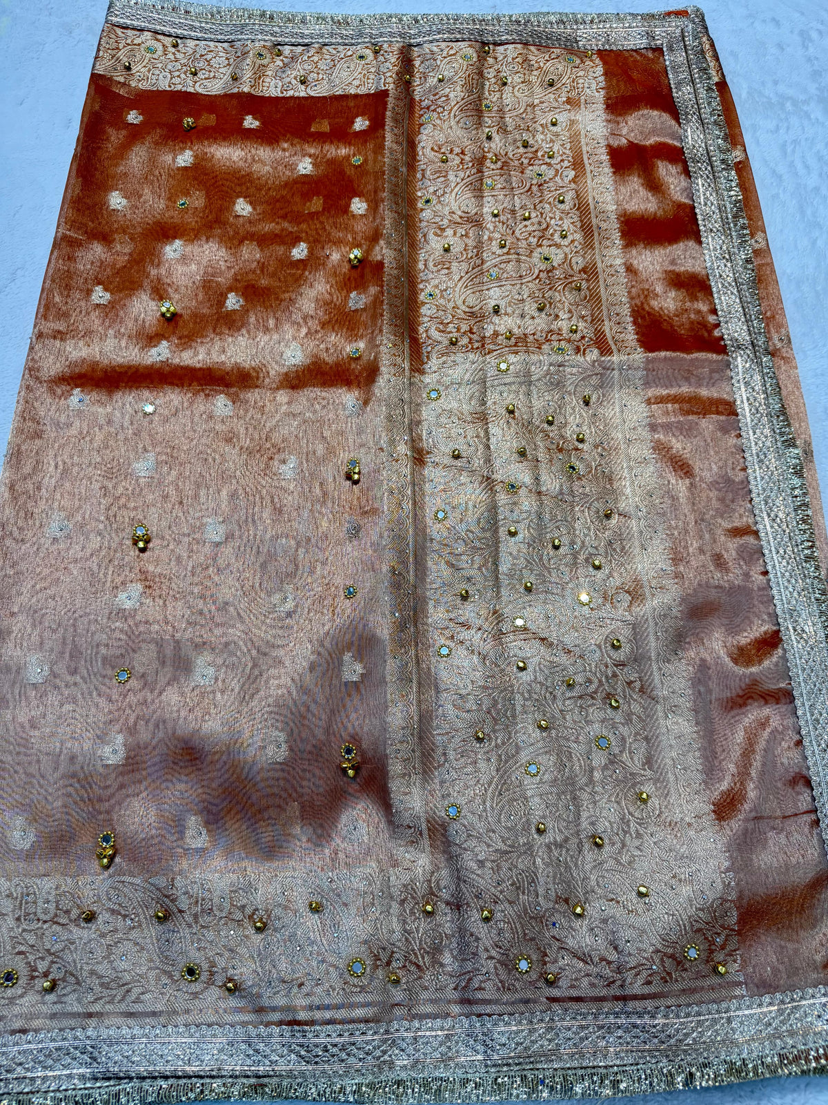 Orange Tissue Ghungaroo Mirror Handwork With Lace Premium Banarasi Saree