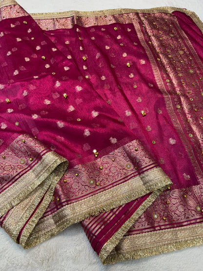 Maharani Tissue Ghungaroo Mirror Handwork With Lace Premium Banarasi Saree