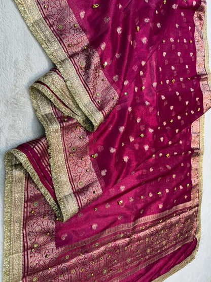 Maharani Tissue Ghungaroo Mirror Handwork With Lace Premium Banarasi Saree
