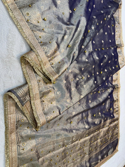 Tissue Ghungaroo Mirror Handwork With Lace Premium Banarasi Saree