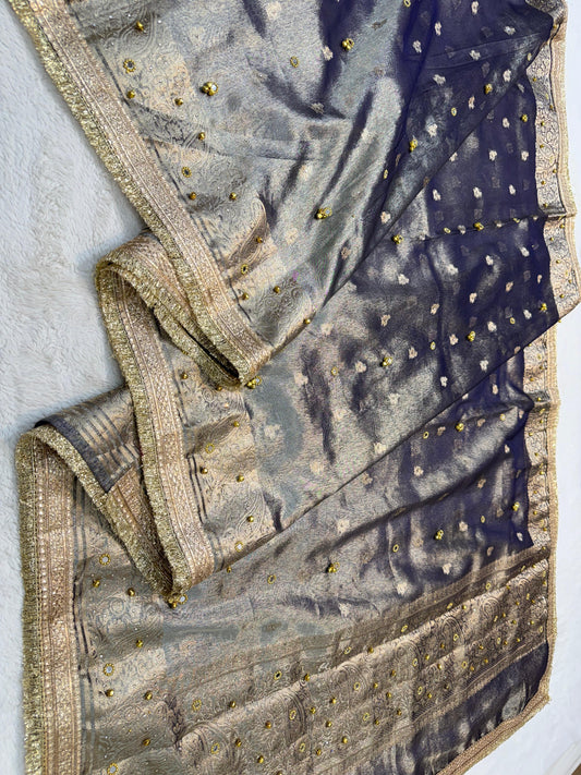 Tissue Ghungaroo Mirror Handwork With Lace Premium Banarasi Saree