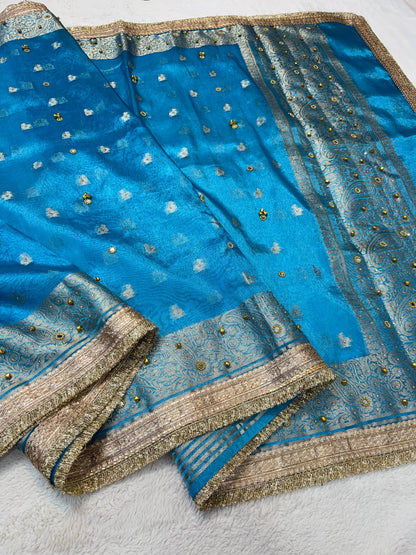 Firozi Tissue Ghungaroo Mirror Handwork With Lace Premium Banarasi Saree