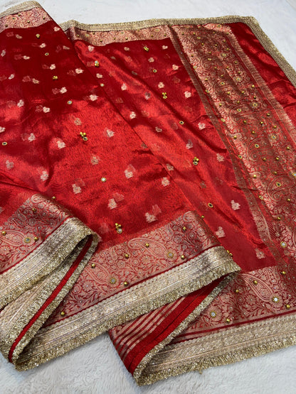 Red Tissue Ghungaroo Mirror Handwork With Lace Premium Banarasi Saree
