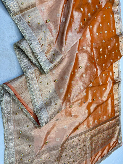 Orange Tissue Ghungaroo Mirror Handwork With Lace Premium Banarasi Saree