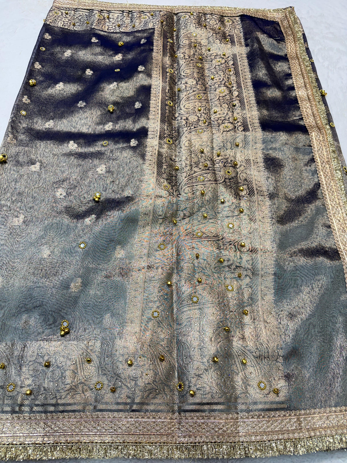 Tissue Ghungaroo Mirror Handwork With Lace Premium Banarasi Saree