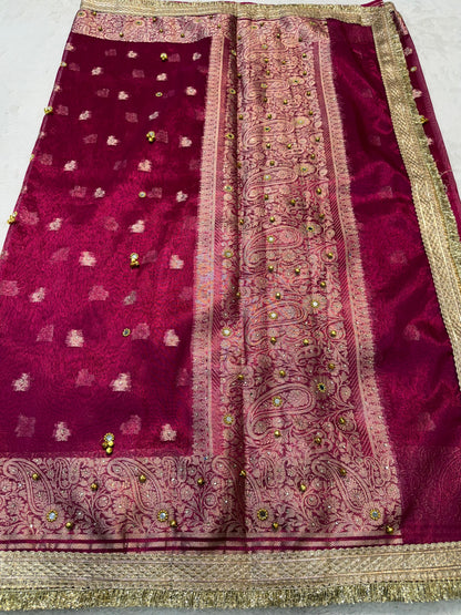 Maharani Tissue Ghungaroo Mirror Handwork With Lace Premium Banarasi Saree