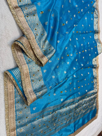 Firozi Tissue Ghungaroo Mirror Handwork With Lace Premium Banarasi Saree