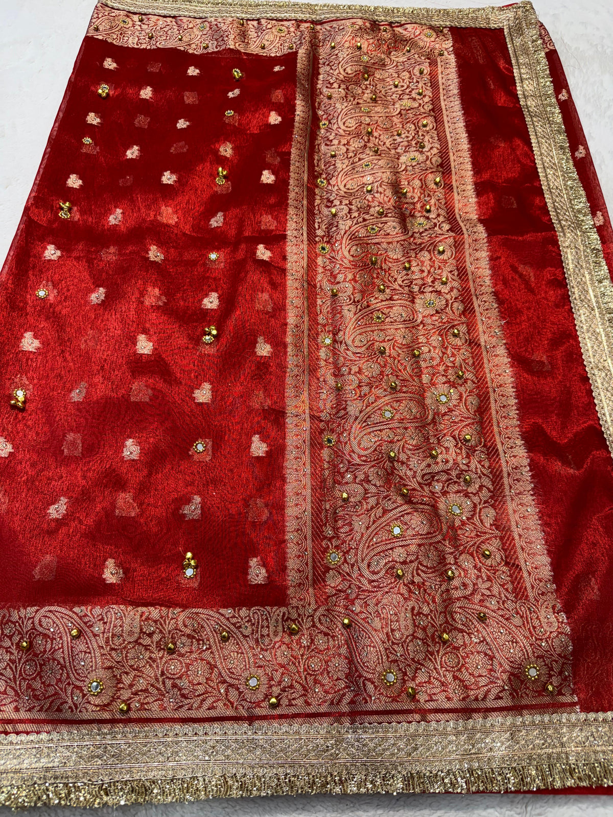 Red Tissue Ghungaroo Mirror Handwork With Lace Premium Banarasi Saree