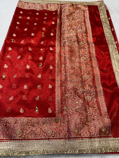Red Tissue Ghungaroo Mirror Handwork With Lace Premium Banarasi Saree