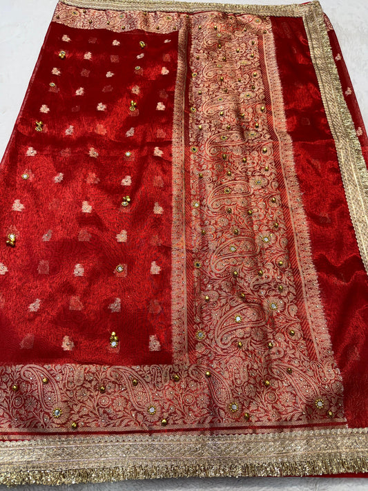 Red Tissue Ghungaroo Mirror Handwork With Lace Premium Banarasi Saree