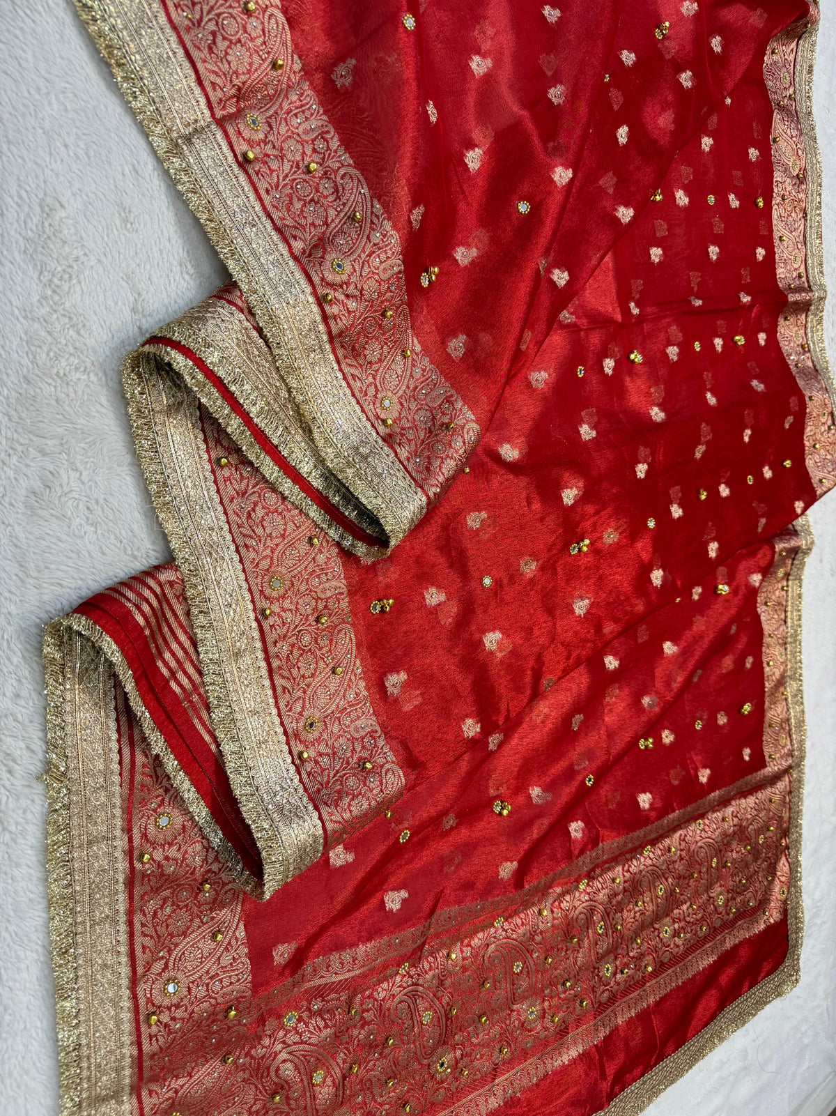 Red Tissue Ghungaroo Mirror Handwork With Lace Premium Banarasi Saree