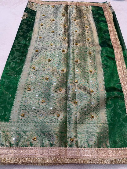 Green Tissue Ghungaroo Mirror Handwork With Lace Premium Banarasi Saree