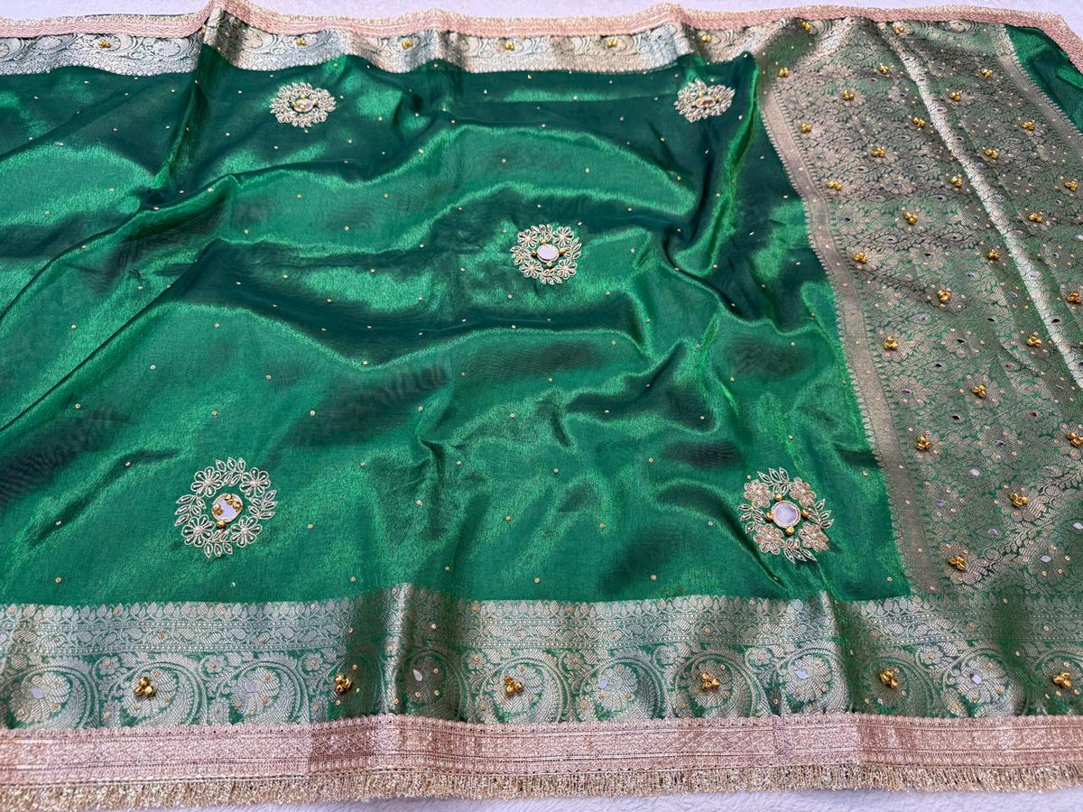 Green Tissue Ghungaroo Mirror Handwork With Lace Premium Banarasi Saree