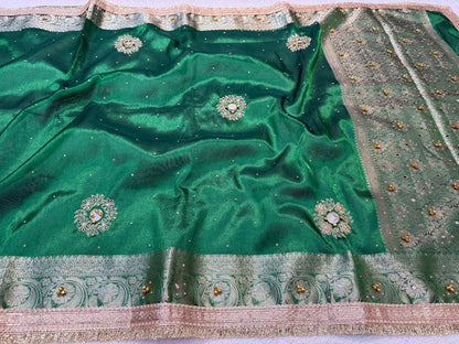 Green Tissue Ghungaroo Mirror Handwork With Lace Premium Banarasi Saree