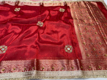 Red Tissue Ghungaroo Mirror Handwork With Lace Premium Banarasi Saree