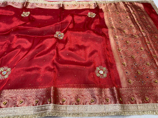 Red Tissue Ghungaroo Mirror Handwork With Lace Premium Banarasi Saree
