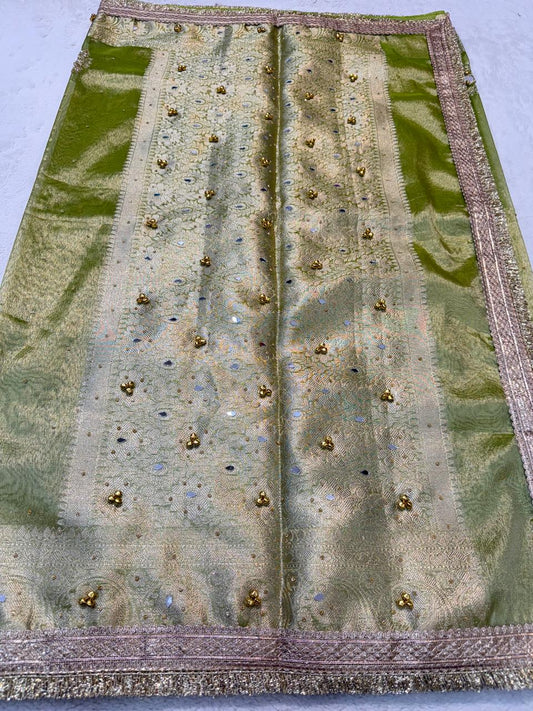 Pista Green Tissue Ghungaroo Mirror Handwork With Lace Premium Banarasi Saree