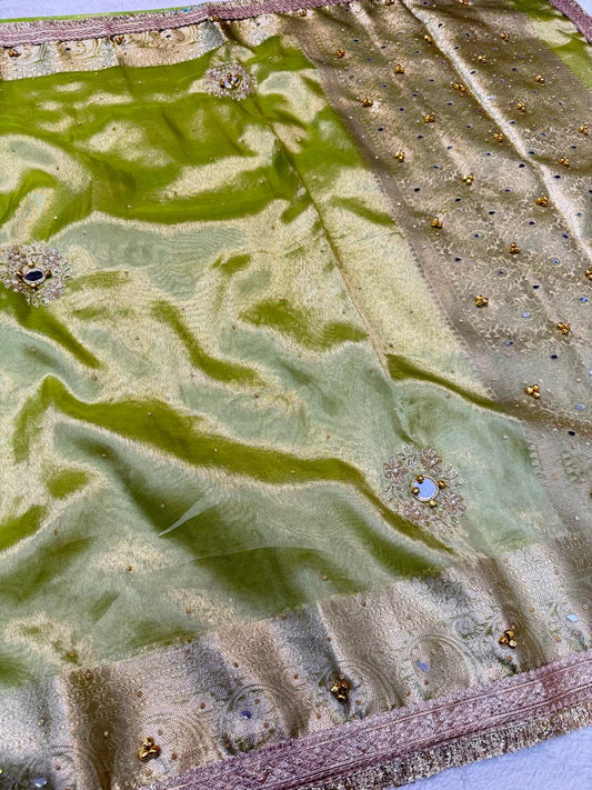 Pista Green Tissue Ghungaroo Mirror Handwork With Lace Premium Banarasi Saree