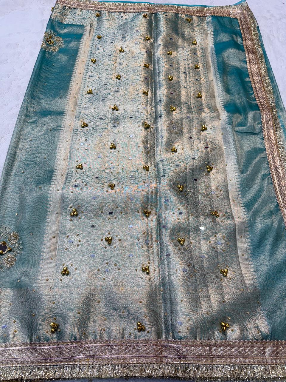 Ice Blue Tissue Ghungaroo Mirror Handwork With Lace Premium Banarasi Saree