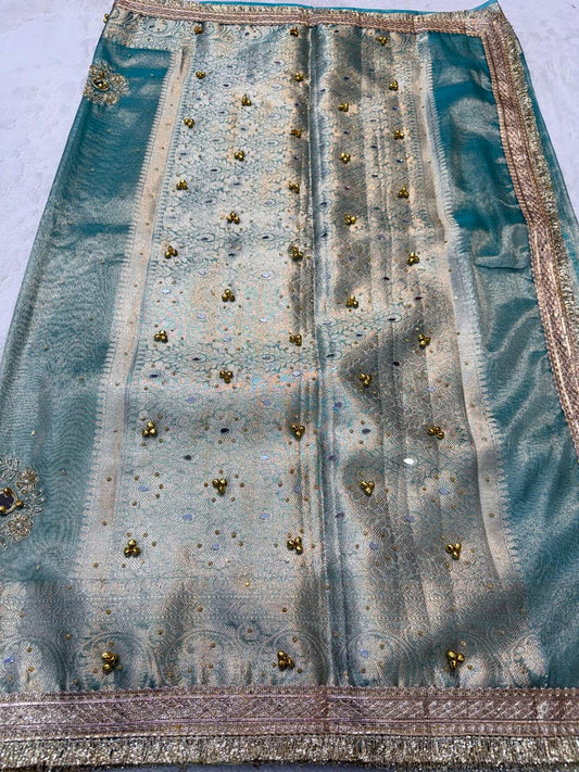 Ice Blue Tissue Ghungaroo Mirror Handwork With Lace Premium Banarasi Saree