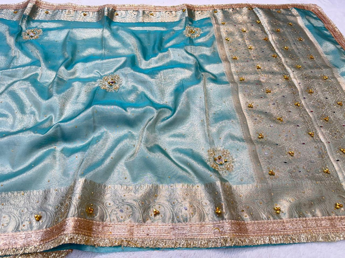 Ice Blue Tissue Ghungaroo Mirror Handwork With Lace Premium Banarasi Saree