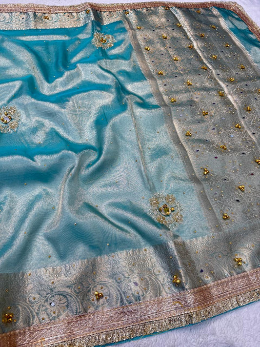 Ice Blue Tissue Ghungaroo Mirror Handwork With Lace Premium Banarasi Saree