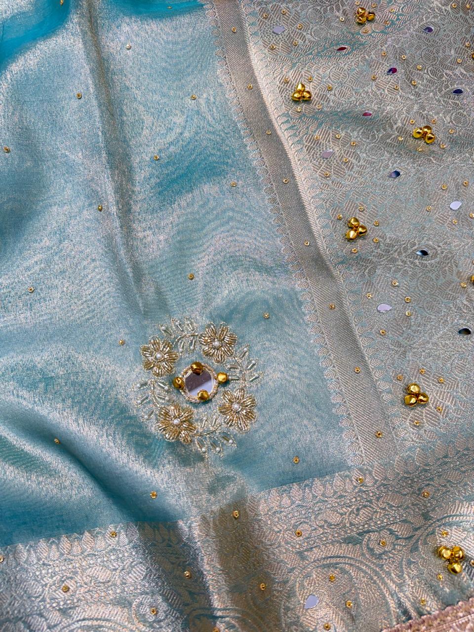 Ice Blue Tissue Ghungaroo Mirror Handwork With Lace Premium Banarasi Saree