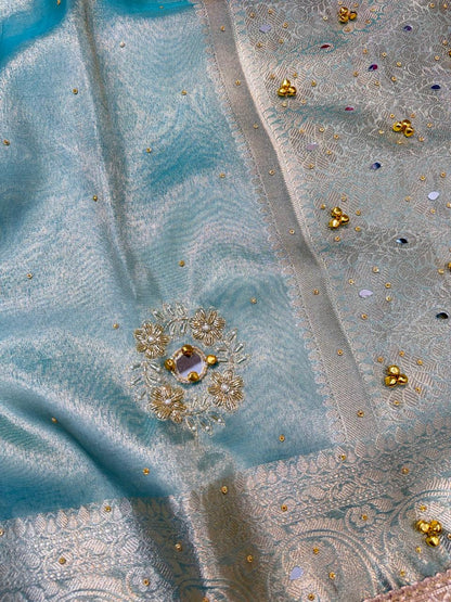 Ice Blue Tissue Ghungaroo Mirror Handwork With Lace Premium Banarasi Saree