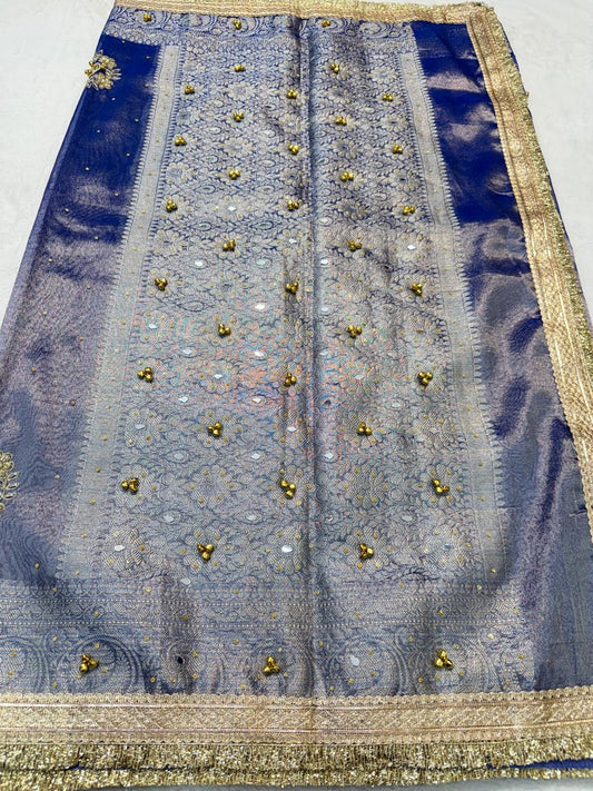 Blue Tissue Ghungaroo Mirror Handwork With Lace Premium Banarasi Saree