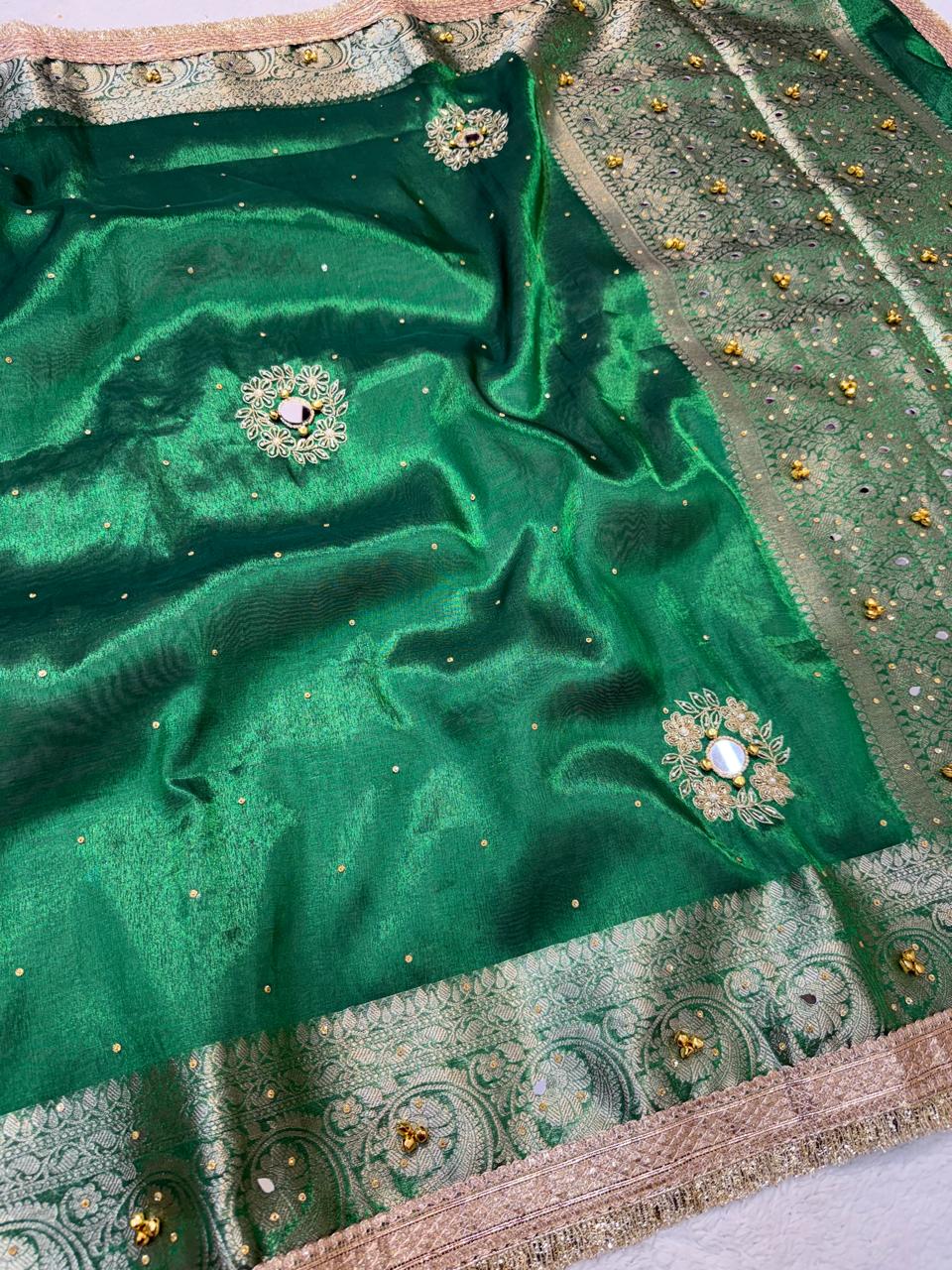Green Tissue Ghungaroo Mirror Handwork With Lace Premium Banarasi Saree