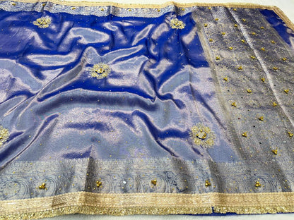 Blue Tissue Ghungaroo Mirror Handwork With Lace Premium Banarasi Saree