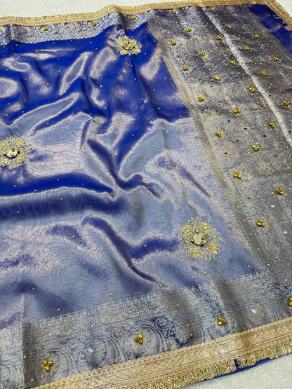 Blue Tissue Ghungaroo Mirror Handwork With Lace Premium Banarasi Saree