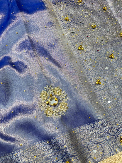Blue Tissue Ghungaroo Mirror Handwork With Lace Premium Banarasi Saree
