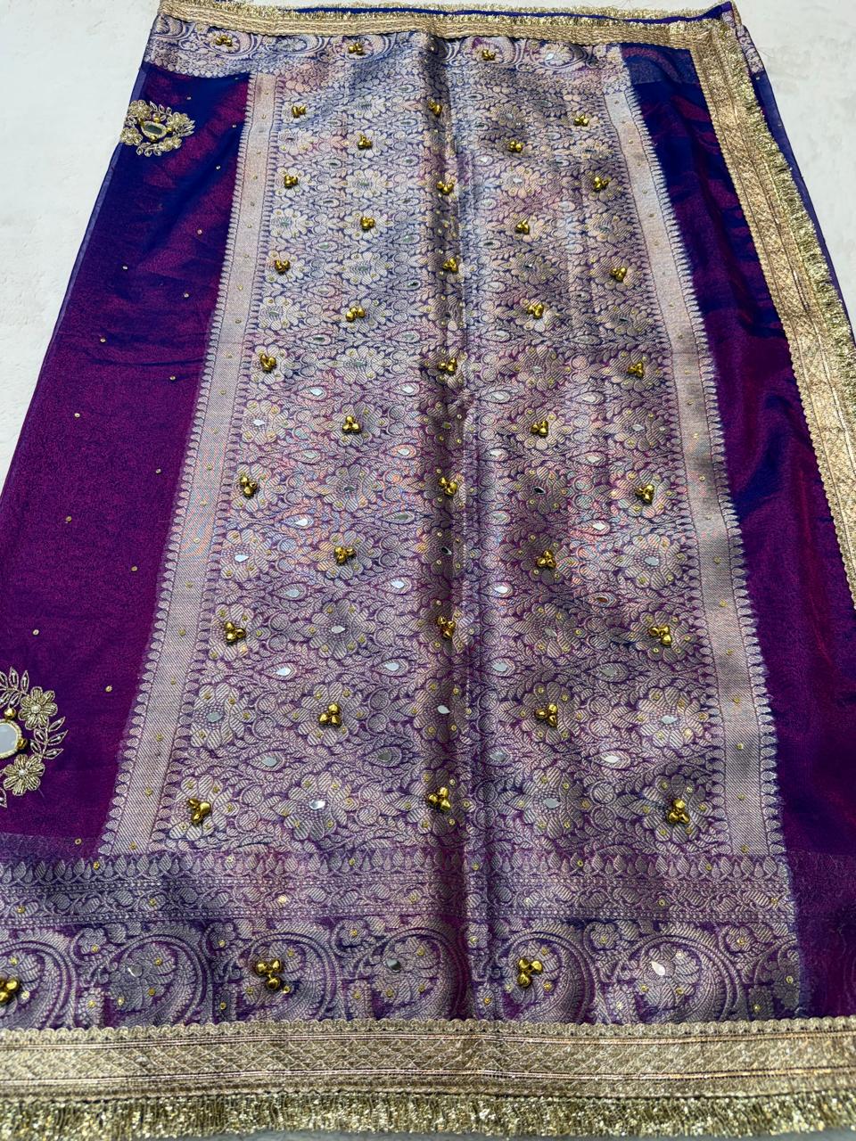 Baigani Tissue Ghungaroo Mirror Handwork With Lace Premium Banarasi Saree