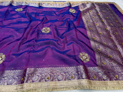 Baigani Tissue Ghungaroo Mirror Handwork With Lace Premium Banarasi Saree