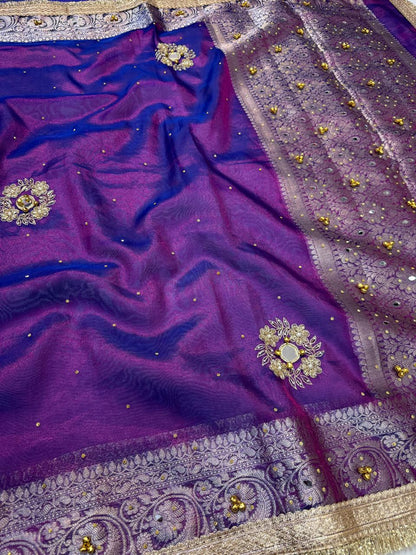 Baigani Tissue Ghungaroo Mirror Handwork With Lace Premium Banarasi Saree